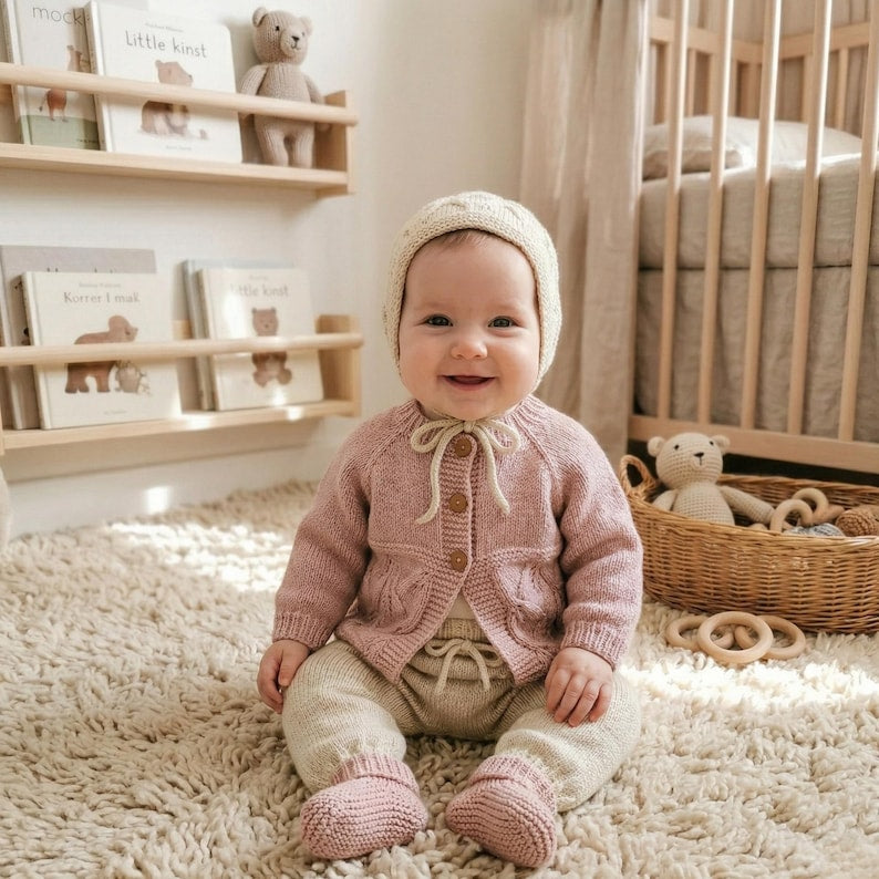 KnitJoy Handmade Merino Wool Baby Set – Cozy Cardigan, Pants, Hat & Booties for Baby Girls