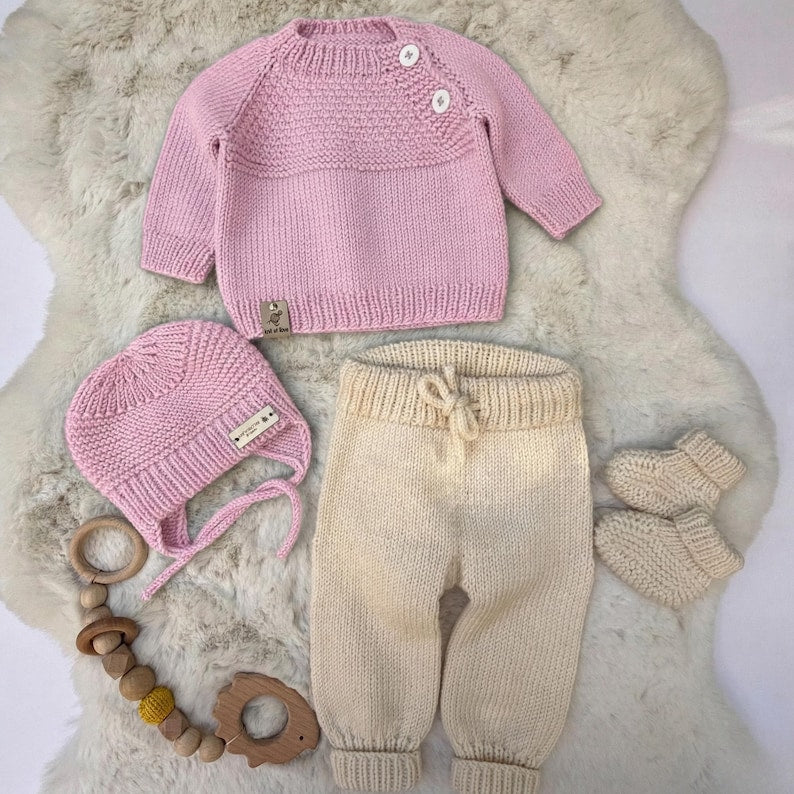 KnitJoy Newborn Knitted Set – Merino Sweater, Pants, Hat & Booties, Winter Knit Baby Clothes