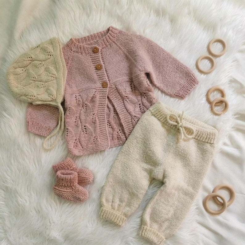 KnitJoy Handmade Merino Wool Baby Set – Cozy Cardigan, Pants, Hat & Booties for Baby Girls
