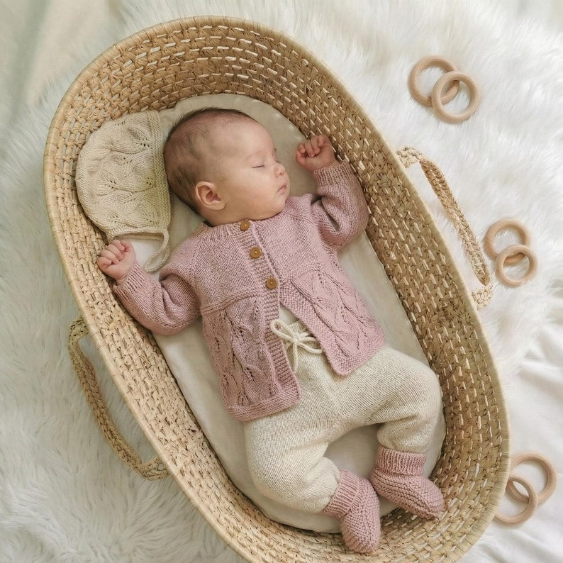 KnitJoy Handmade Merino Wool Baby Set – Cozy Cardigan, Pants, Hat & Booties for Baby Girls