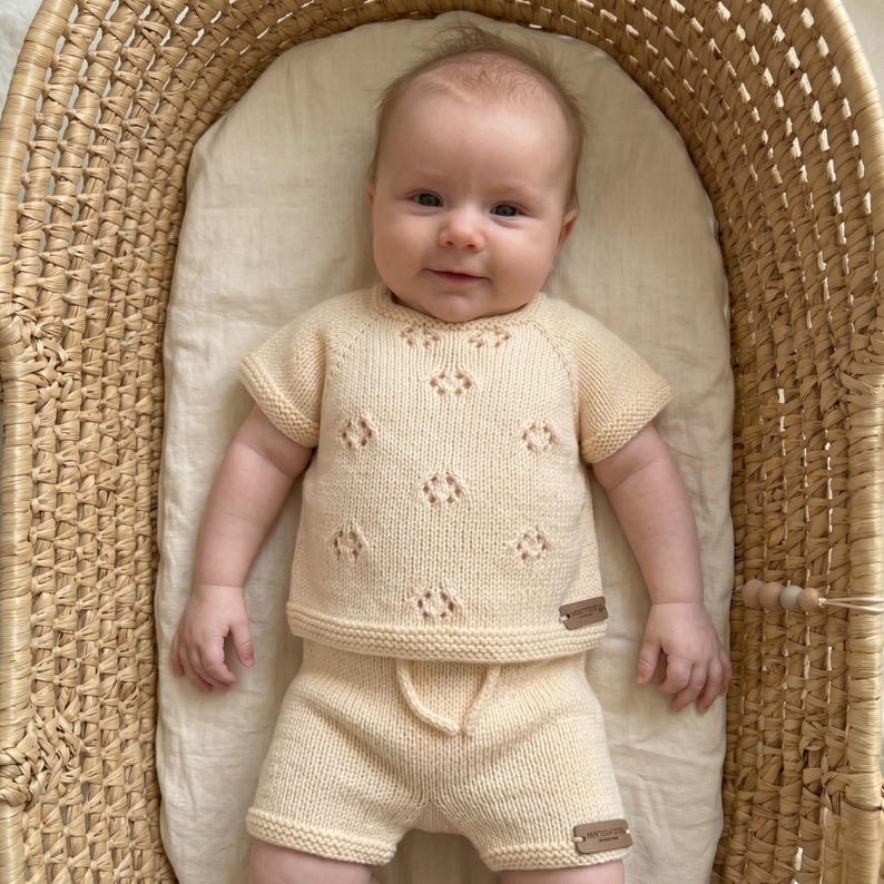 KnitJoy Handmade Cotton Knit Baby Set – Summer Top and Shorts for Baby Girls